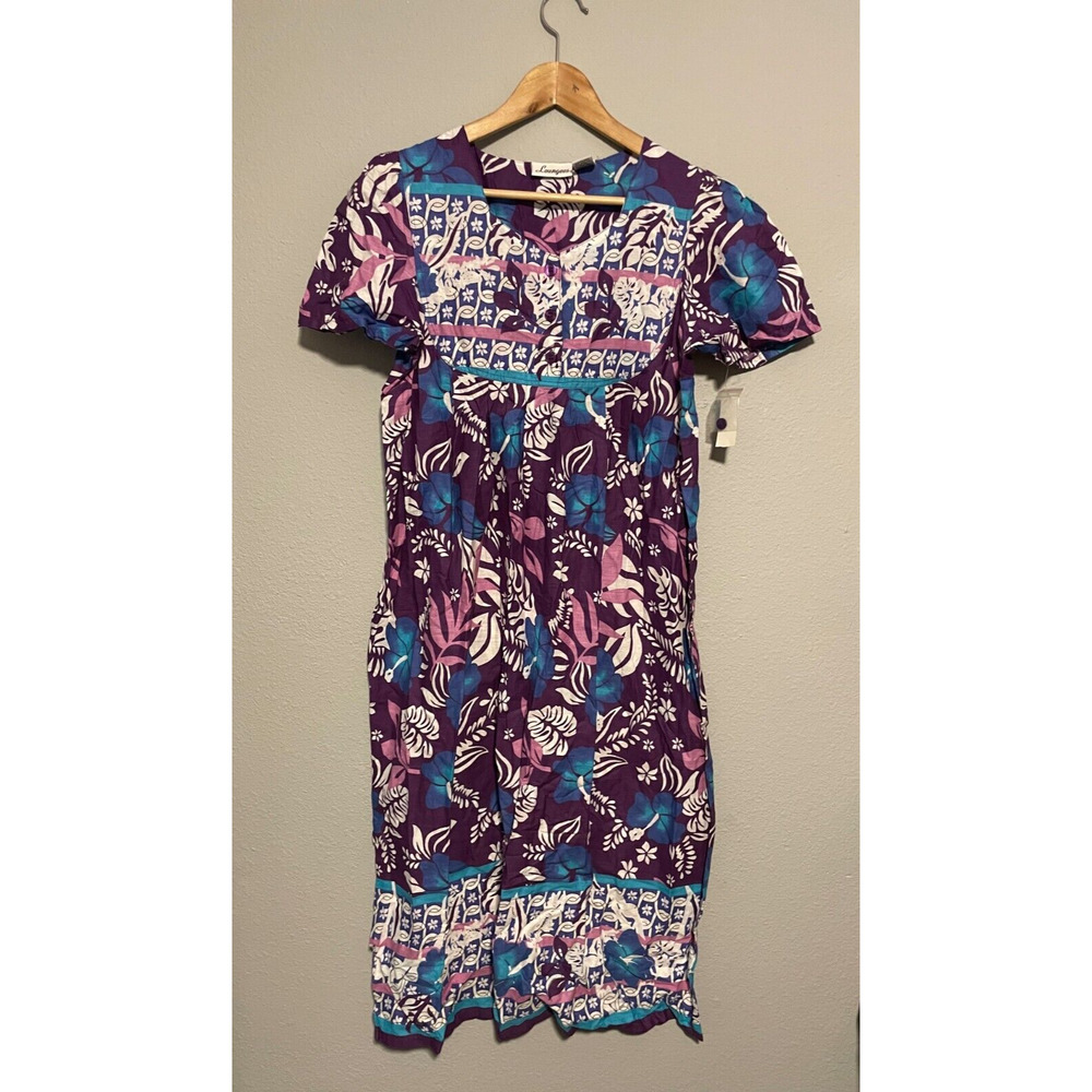 Vintage Loungees Womens Muumuu Small Purple Floral Hawaiian Boho Deadstock 90s